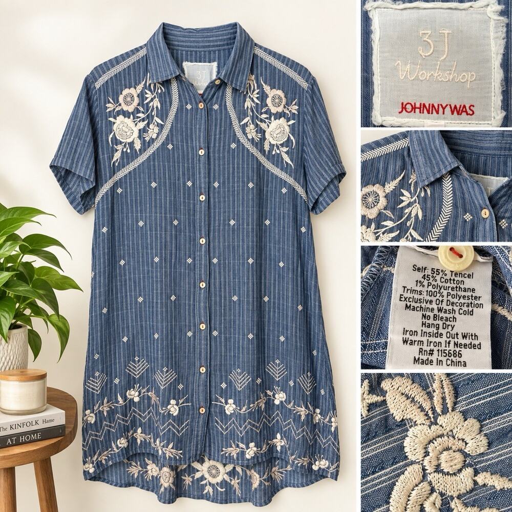Johnny Was M 3J Workshop Embroidered Floral Pinstripe Shirt Dress Tunic Blue
